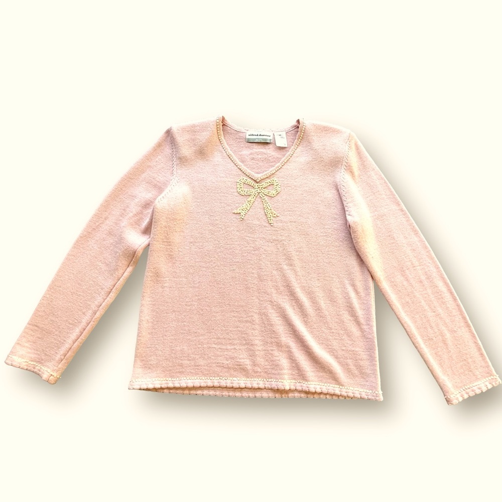 Vintage Baby Pink Sequin Bow Scalloped Hem Sweater Women's Petite Small Coquette